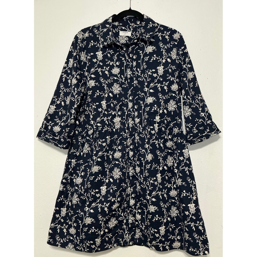 UNTUCKit Navy Blue Floral Shirt Dress with White Print